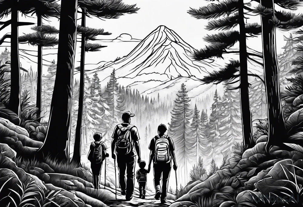 A man with his family hiking through the Forrest. Add Mexican American tone tattoo idea