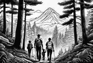 A man with his family hiking through the Forrest. Add Mexican American tone tattoo idea