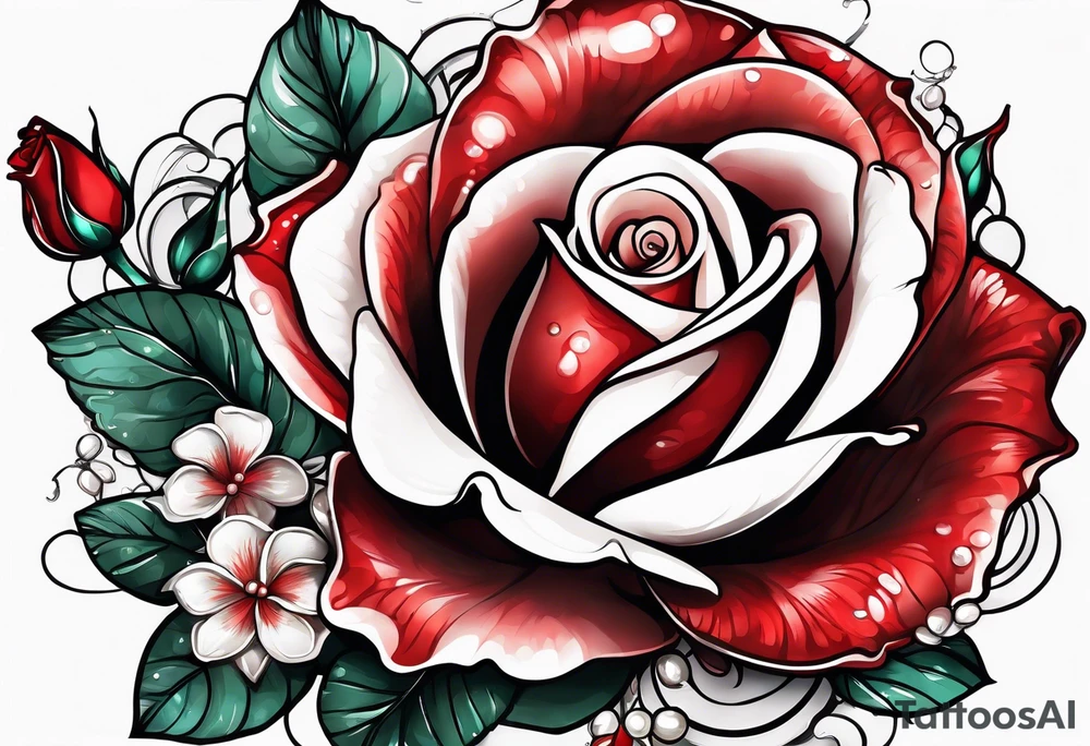 Red rose with hanging pearls and seashell tattoo idea