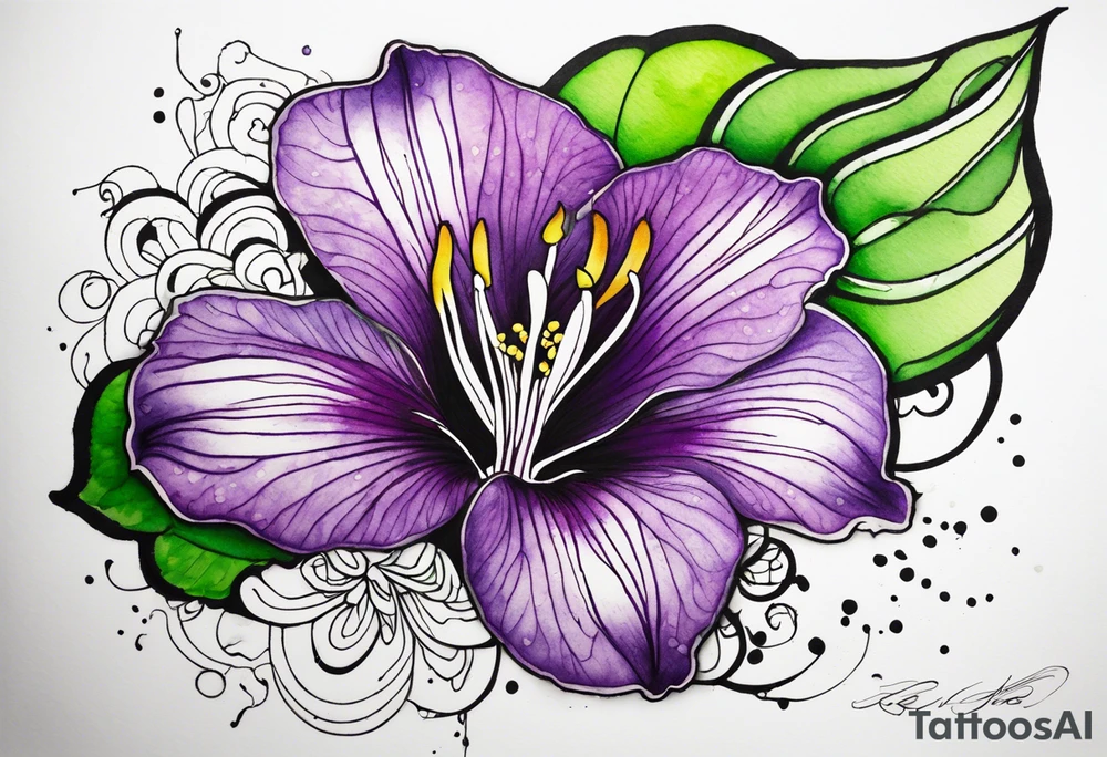 An outline of a rio dipladenia flower with green/purple pedals and a green/purple watercolor splash in the background tattoo idea