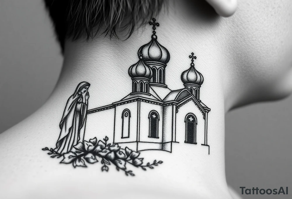 medium sized Russian orthodox church with bulb domes with a prominent russian orthodox style virgin mary stood outside to the left tattoo idea
