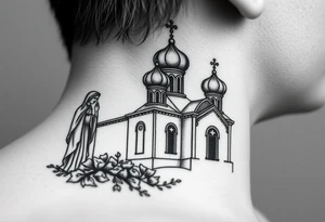 medium sized Russian orthodox church with bulb domes with a prominent russian orthodox style virgin mary stood outside to the left tattoo idea