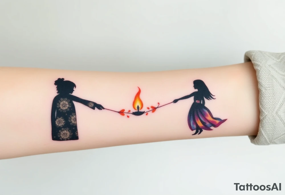 Silhouette of grandmother, mother and daughter passing a flame from oldest to youngest with the flame growing as it goes. tattoo idea