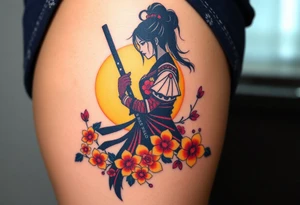 noble female samurai warrior silhouette at sunset with flowers, yellows and reds tattoo idea