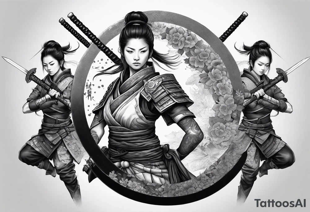 3 female samurais in body armor wielding dual swords, you can only see their backs, in front of a incomplete enso circle tattoo idea