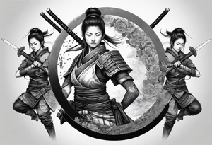 3 female samurais in body armor wielding dual swords, you can only see their backs, in front of a incomplete enso circle tattoo idea