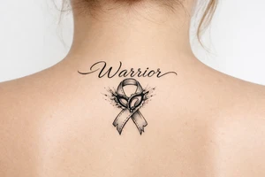 Warrior in cursive with sikkle cells ribbon torn tattoo idea