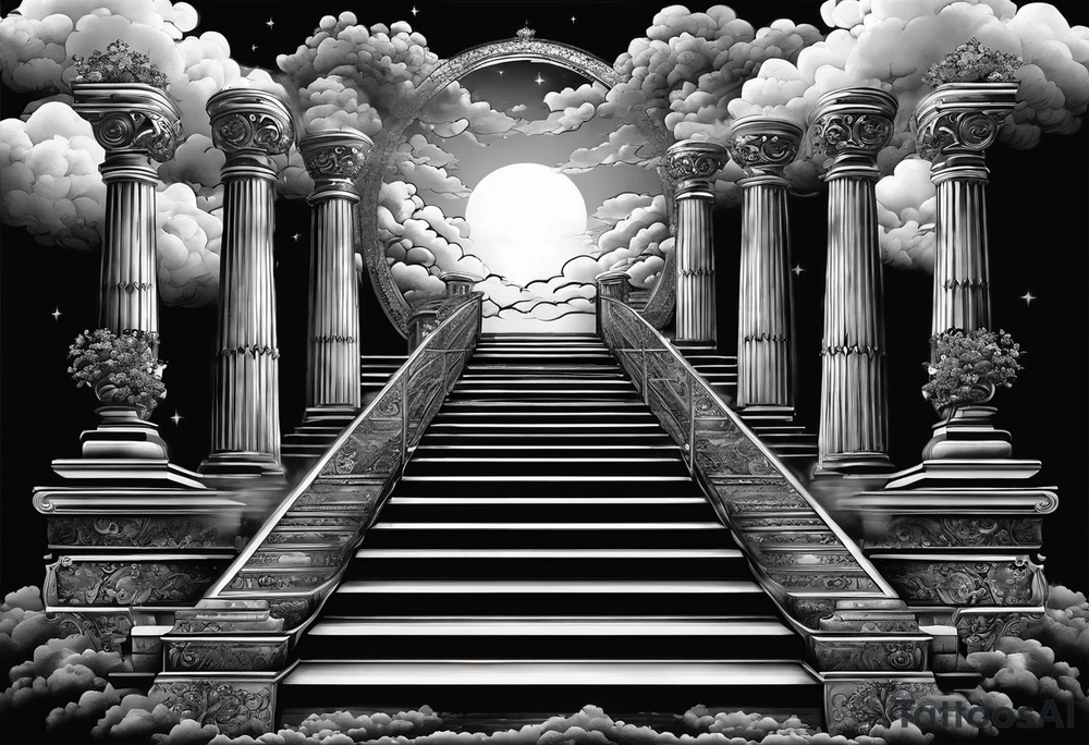 Staircase that leads through the clouds to heaven and ends at the gates of heaven. At the end there is a bright light tattoo idea