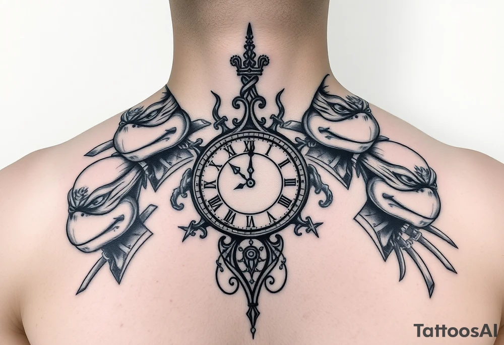 give me a full front neck tattoo of the 4 ninja turtles on the right and danny phantom on the left with a clock in the middle in all black ink tattoo idea
