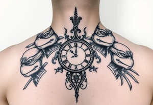 give me a full front neck tattoo of the 4 ninja turtles on the right and danny phantom on the left with a clock in the middle in all black ink tattoo idea