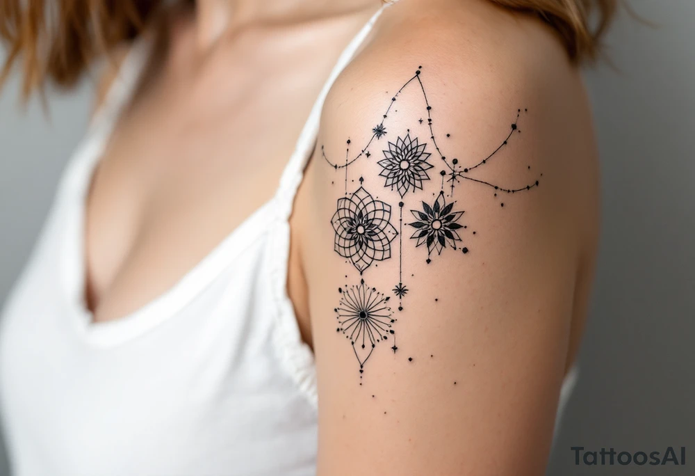 fine-line tattoo, interconnected sacred geometry, multiple mandala fusion, flowing geometric vines, intertwining dotwork patterns, morphing sacred symbols, geometric transformation, overlapping mandala layers, flowing geometric streams, sacred geometry cascade, dotwork connections, radiating interconnected patterns, geometric web, mandala constellation, flowing sacred lines, intertwining geometric forms, dotwork bridges, connected sacred patterns, geometric flow transition, mandala network, artistic geometric fusion, delicate interconnections, black grey shading, no outlines, arm wrap design, organic geometric flow, artistic sacred weaving, geometric poetry, mandala storytelling, interconnected symmetry, flowing sacred architecture tattoo idea