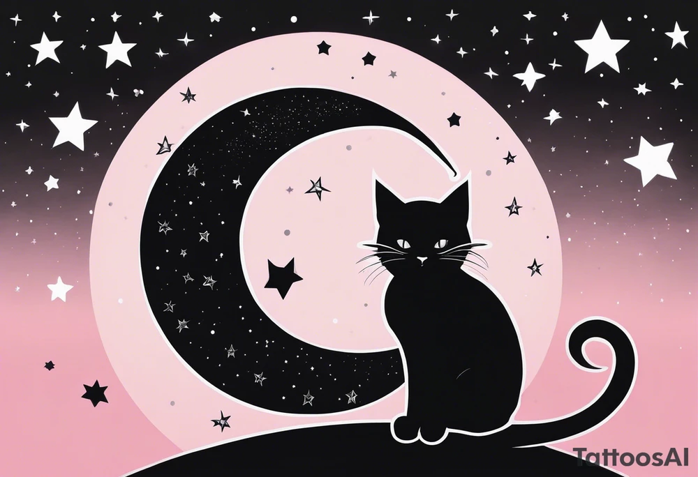 1.	Gothic Black Cat with Pink Bows – A sleek, black cat sitting on a crescent moon, with wide, eerie eyes and a small pink bow tied around its neck or tail, set against a starry night sky. tattoo idea