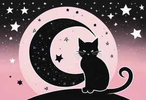 1.	Gothic Black Cat with Pink Bows – A sleek, black cat sitting on a crescent moon, with wide, eerie eyes and a small pink bow tied around its neck or tail, set against a starry night sky. tattoo idea