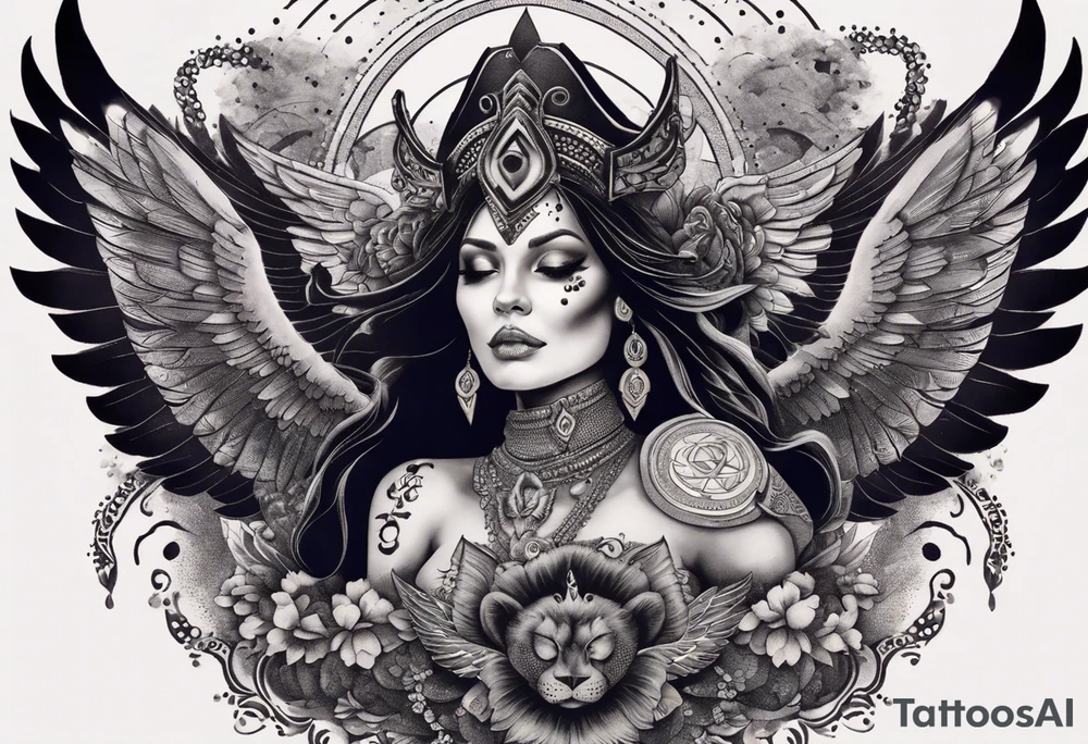 black kali, goddess pirate, alien, angel, pachamama, valkrye, warrior, flying, skull, lotus azul, wing, eagle, zenza resonance, stars, 5D, anahata chakra, death, durga, riding on a tiger, flying lady, chest tatoo tattoo idea