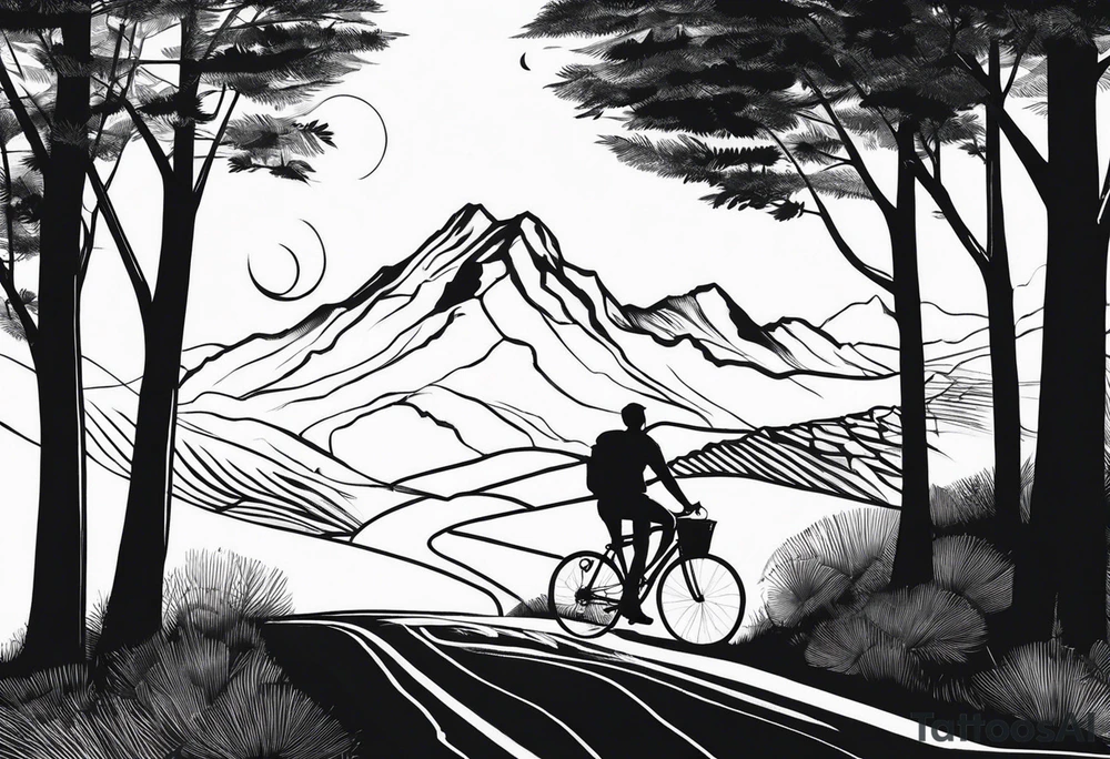 A man with a backpack walking down a road lined with trees, wheeling a bicycle towards a mountain tattoo idea