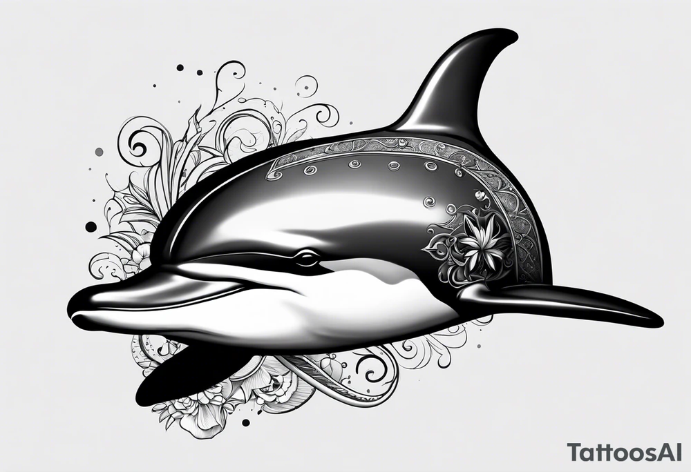 One dolphin wearing one party hat on top . Side view. Dolphin should be smiling. tattoo idea