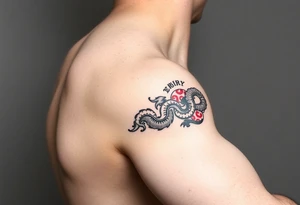 Chinese-Greek fusion tattoo band, black and red, wrap-around forearm, seamless pattern, line art tattoo idea