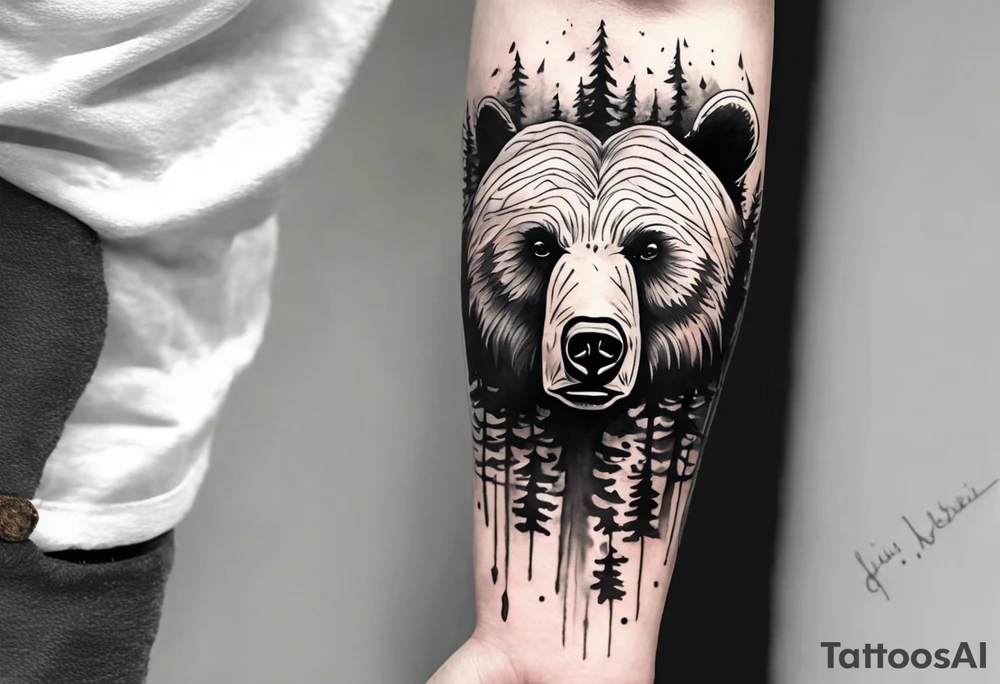 bear head right above the forest line with a lake below, full arm sleeve tattoo tattoo idea