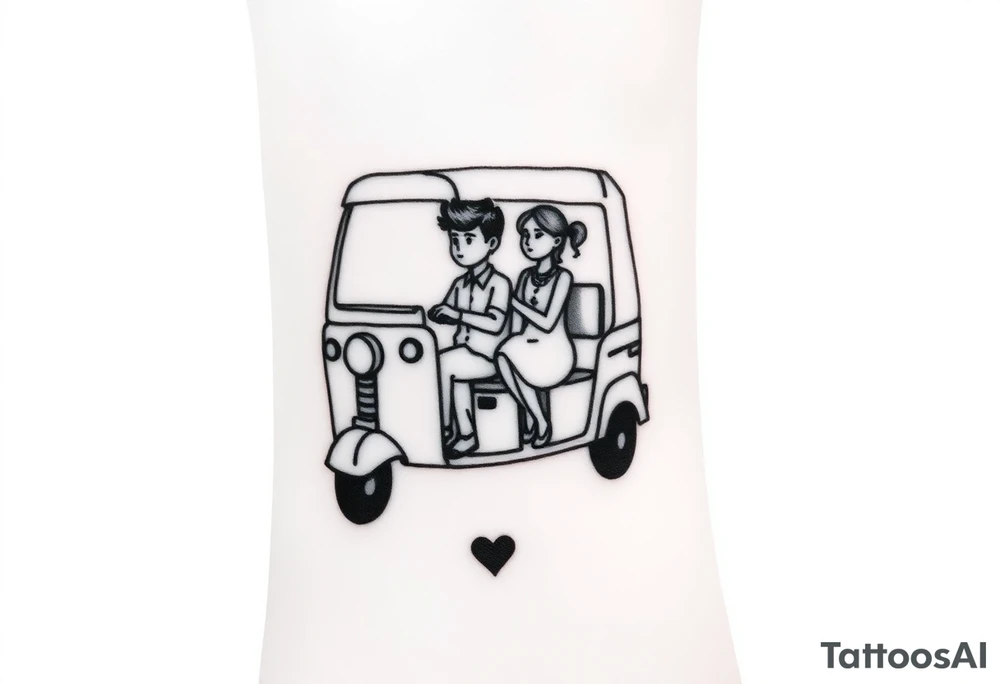 Create a simple tuk tuk. Add a boy and a girl in the vehicle. Add a heart. tattoo idea