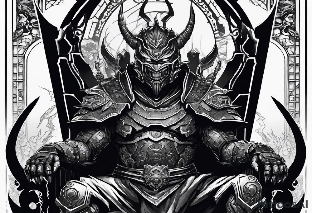 Angry robot demon ninja with demon mask sitting on his throne tattoo idea