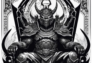 Angry robot demon ninja with demon mask sitting on his throne tattoo idea
