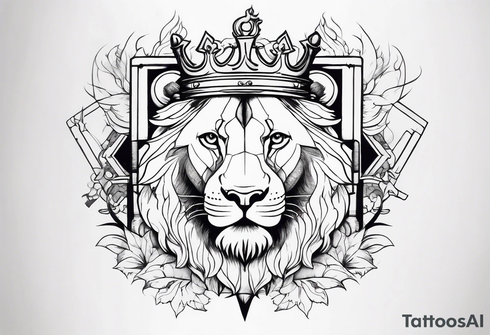 chemistry formula combined with a sword and a lion wearing a crown tattoo idea