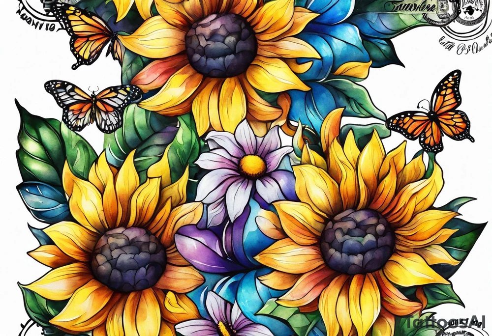 Memorial arm sleeve for mom with rainbow sunflowers and butterflies tattoo idea