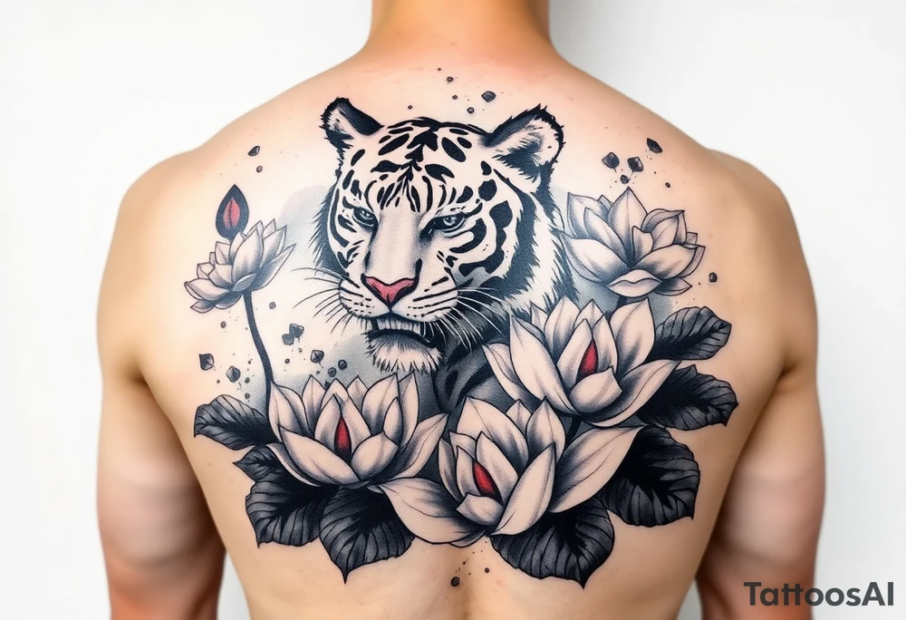 fierce tiger emerging through blooming lotus flowers in mist tattoo idea