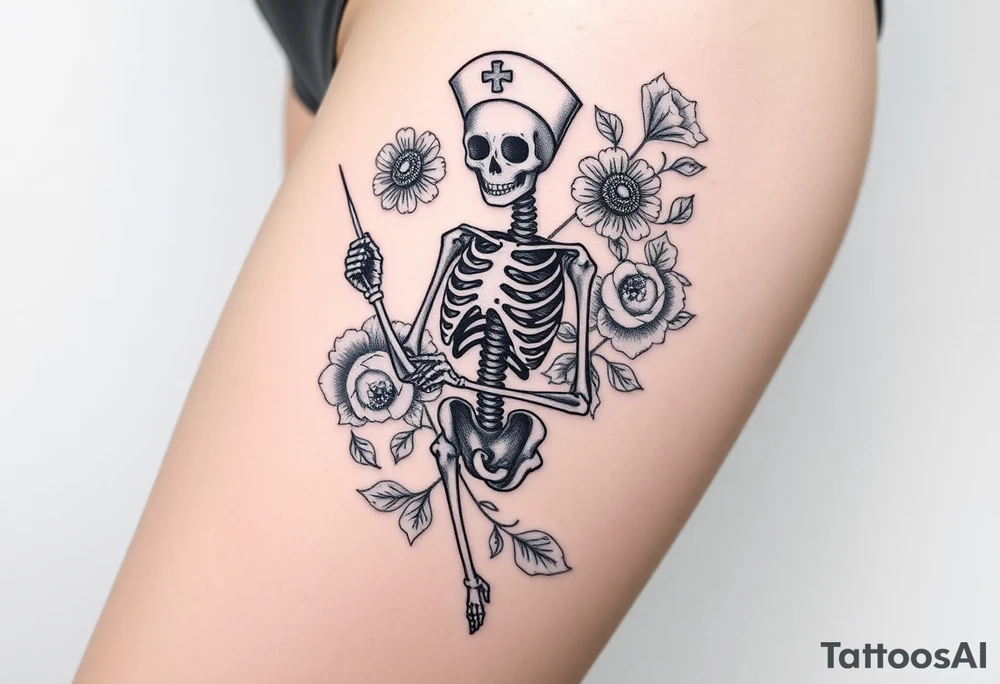Pretty Nurse skeleton holding a needle with peonies and honey combs background tattoo idea