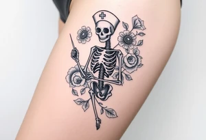 Pretty Nurse skeleton holding a needle with peonies and honey combs background tattoo idea
