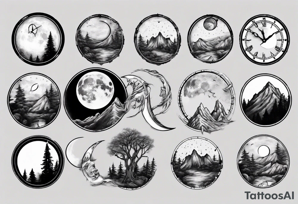 A moon with a face of clock mountain in the back ground tress in front of the moon tattoo idea