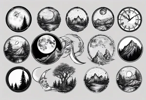 A moon with a face of clock mountain in the back ground tress in front of the moon tattoo idea