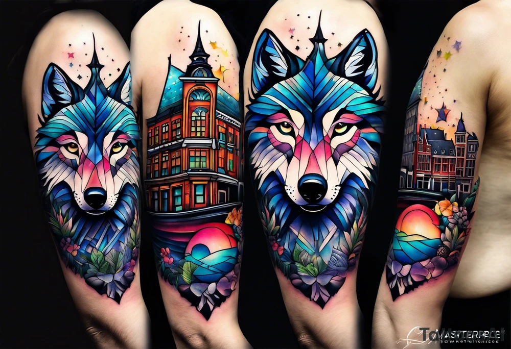 wolf featuring animals and featuring colours of the universe and galaxies and pineapples in amsterdam city featuring Amsterdam buildings and canal made of glass tattoo idea