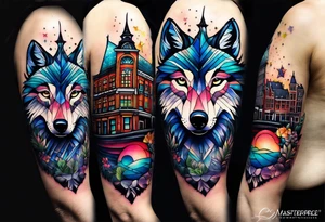 wolf featuring animals and featuring colours of the universe and galaxies and pineapples in amsterdam city featuring Amsterdam buildings and canal made of glass tattoo idea