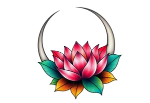 small colorful crescent moon with lotus flower tattoo idea