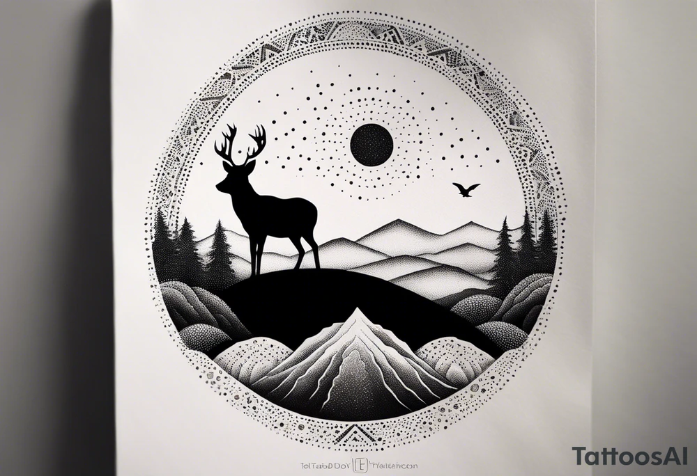 “Generate a minimalist tattoo showcasing a symmetrical scene of rolling hills and a rising sun, with small animals like deer or foxes incorporated into the design. tattoo idea