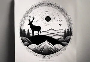 “Generate a minimalist tattoo showcasing a symmetrical scene of rolling hills and a rising sun, with small animals like deer or foxes incorporated into the design. tattoo idea