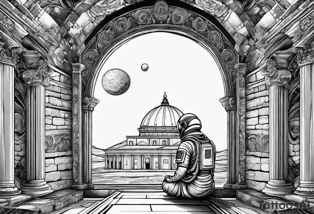 An astronaut meditating on a roman building tattoo idea