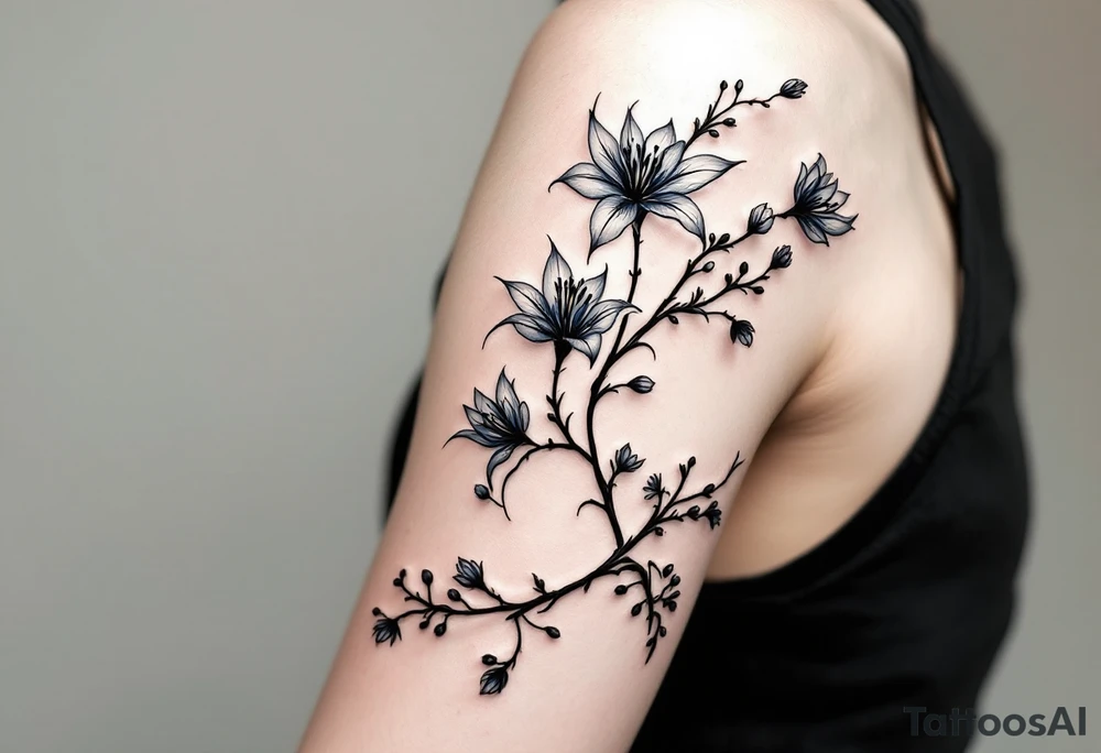 the flower blue spider lily from demon slayer and add cherry blossoms wrapped around upper arm tattoo idea