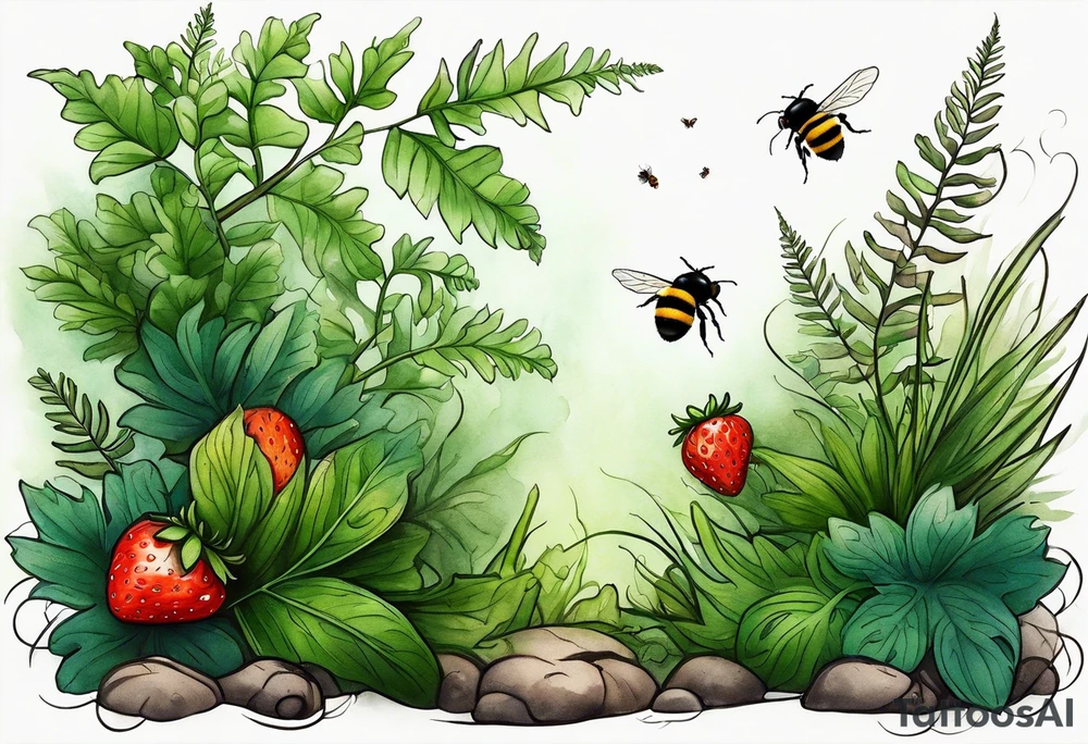 a delicate, minimalistic coloured realistic forest floor inspired tattoo, which must include: grass, ferns as the bulk of the image, small strawberries, a small flying bumblebee over the main image
dead leaves tattoo idea