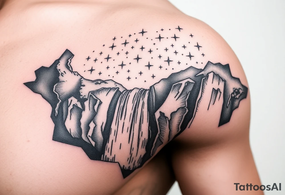 A universe with the stars falling into a waterfall and turning into rain drops tattoo idea