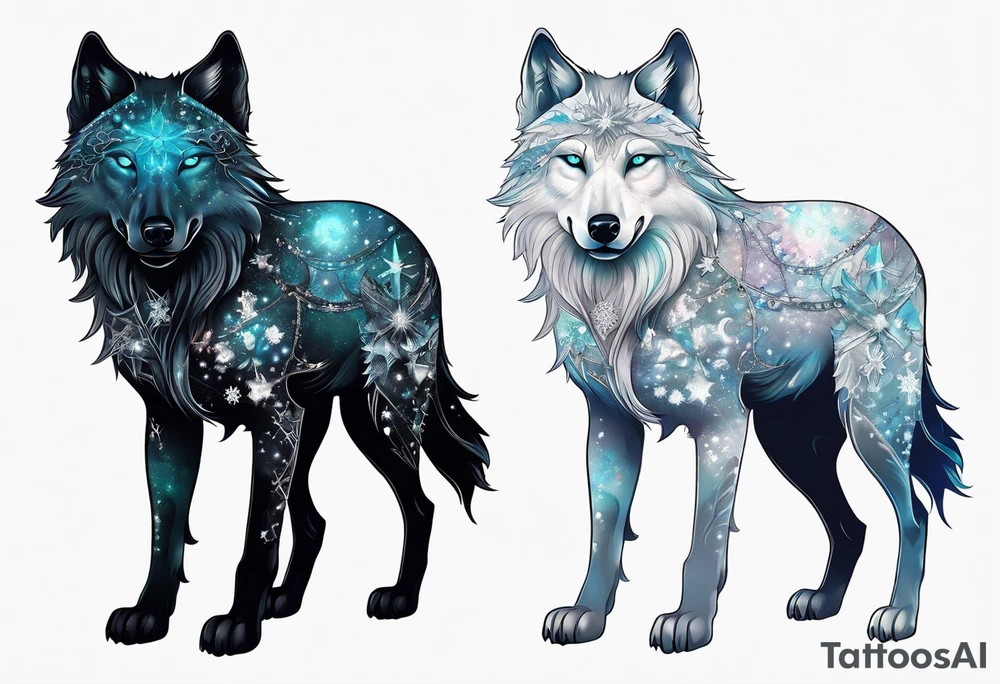 Constellation, two animal alien wolf, snowflake tattoo idea