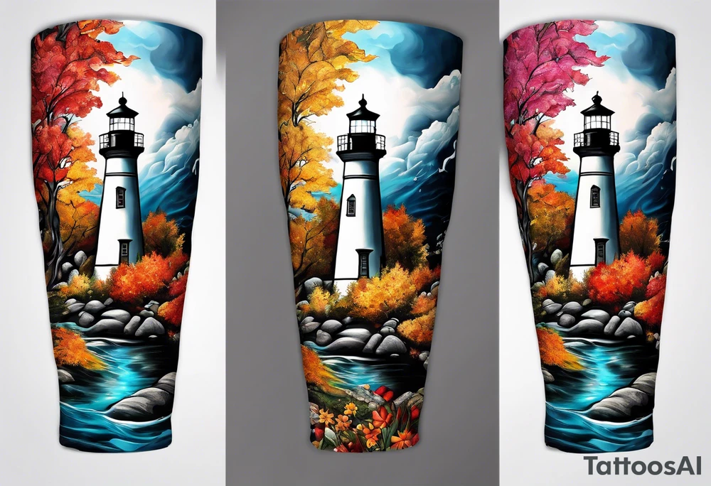 Arm sleeve with fall colors, various flowers, water flow, water splash, light house, rocks tattoo idea