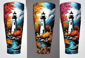 Arm sleeve with fall colors, various flowers, water flow, water splash, light house, rocks tattoo idea