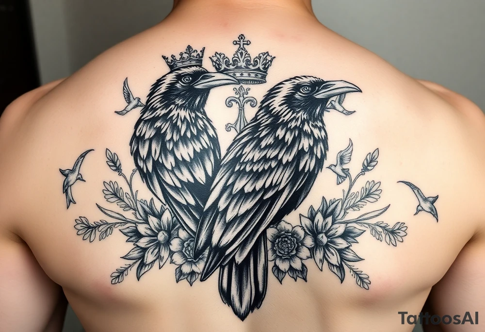 powerful majestic ravens with a crown, surrounded by floral ornaments and birds tattoo idea