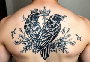 powerful majestic ravens with a crown, surrounded by floral ornaments and birds tattoo idea