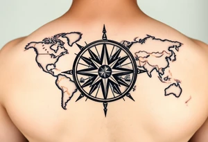 antique compass rose overlaid on weathered world map with sailing ships tattoo idea