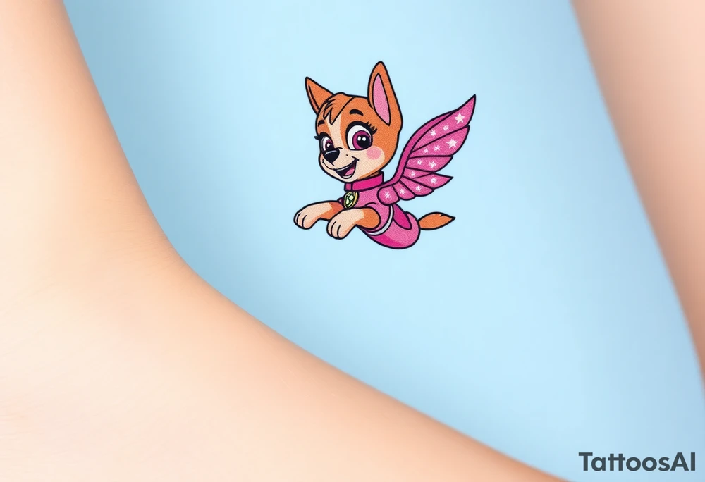 The Paw Patrol  member Skye in pink suit soaring in the air with outstretched pink wings, tattoo idea