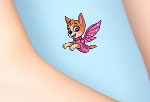 The Paw Patrol  member Skye in pink suit soaring in the air with outstretched pink wings, tattoo idea