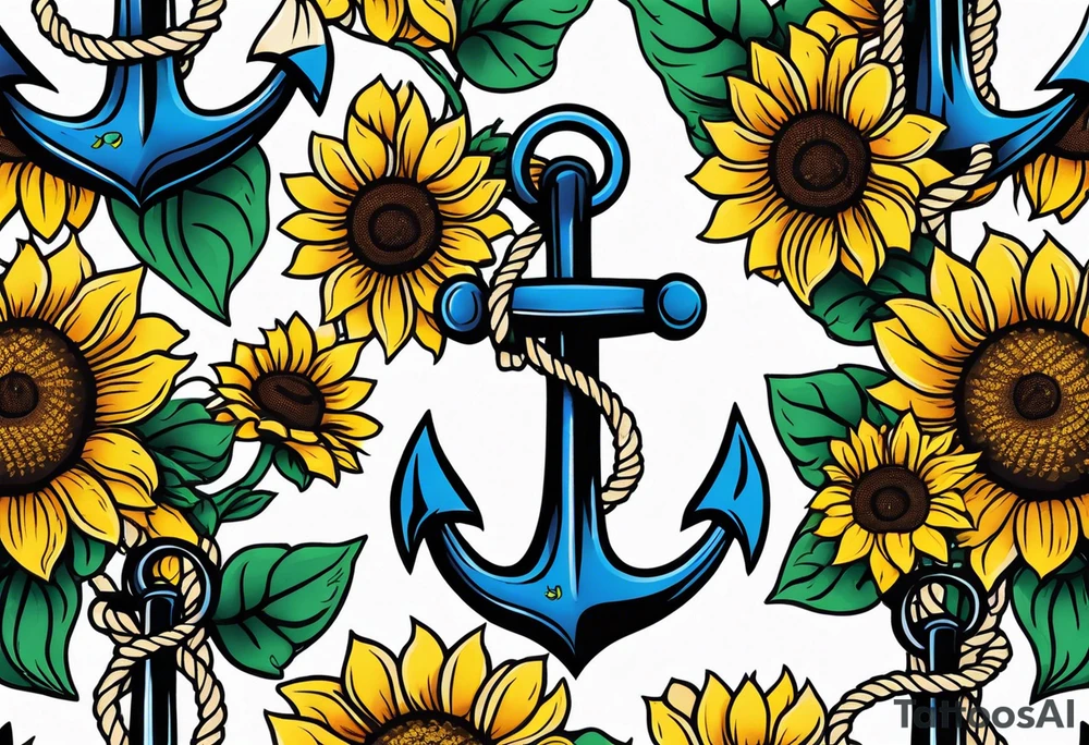 Anchor, wrapped in rope, with sunflowers intertwined throughout, thigh tattoo tattoo idea